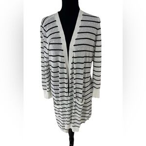 Halogen Black White Linen Striped Longline Cardigan Women's Petite M Pockets